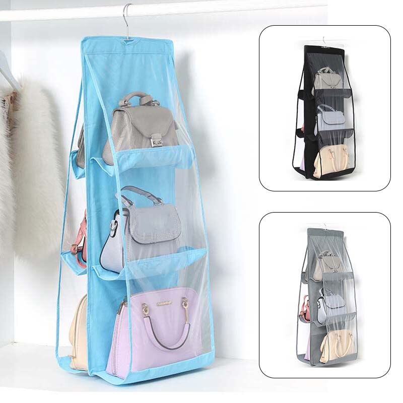 6 Pockets Foldable Hanging Bag 2-sided Folding Shelf Bag Purse Handbag Organizer Door Sundry Pocket Hanger Storage Closet Hanger