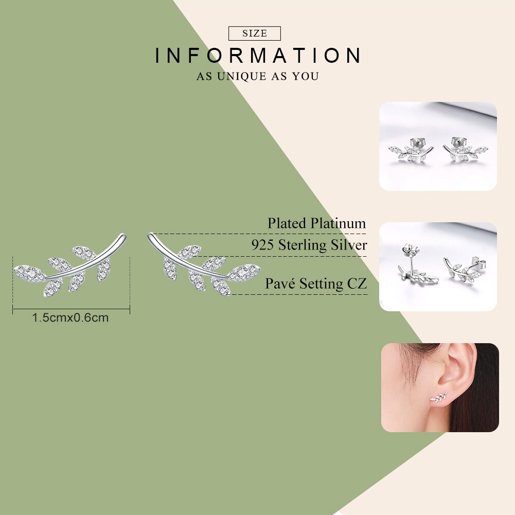 BAMOER Authentic 925 Sterling Silver Spring Leaf Leaves Clear CZ Zircon Stud Earrings for Women Earrings Jewelry BSE031