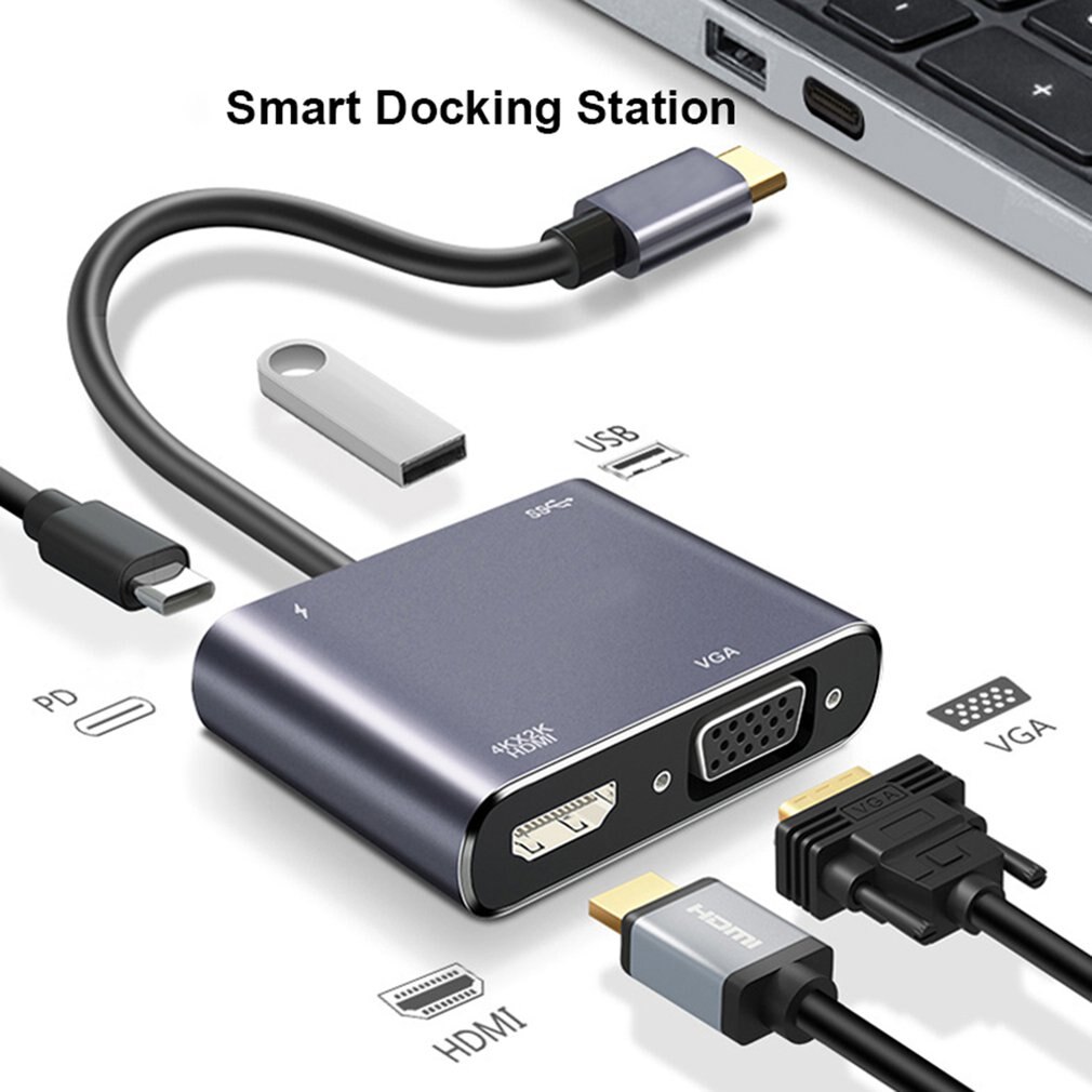 4-in-1 Docking Station Type-C To HDMI+VGA+USB3.0+PD Multifunctional Split Line Card Reader Hub Plug And Play