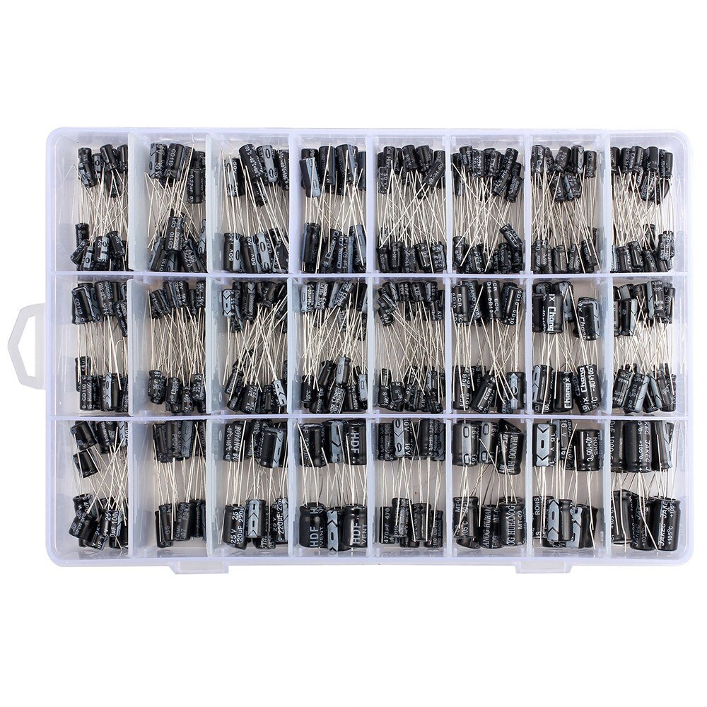 24 Values Aluminum Electrolytic Capacitor Assorted Kit Metal Electrolytic Capacitors Range 0.1uF－1000uF with Plastic Case