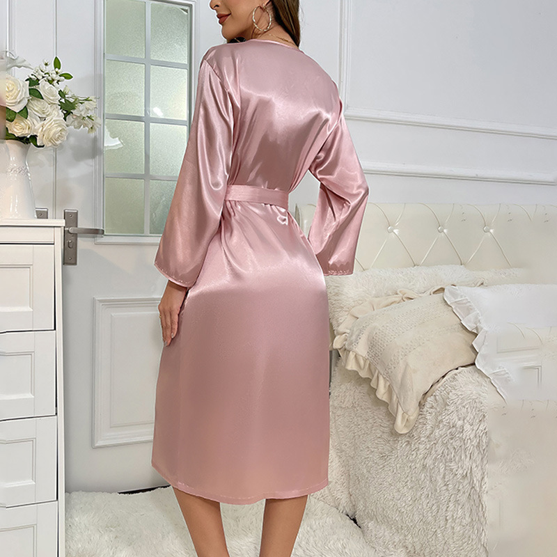 Ensfarvet kimono dame badekåbe satin hjemmetøj bryllup brude nattøj sexet intimt lingeri