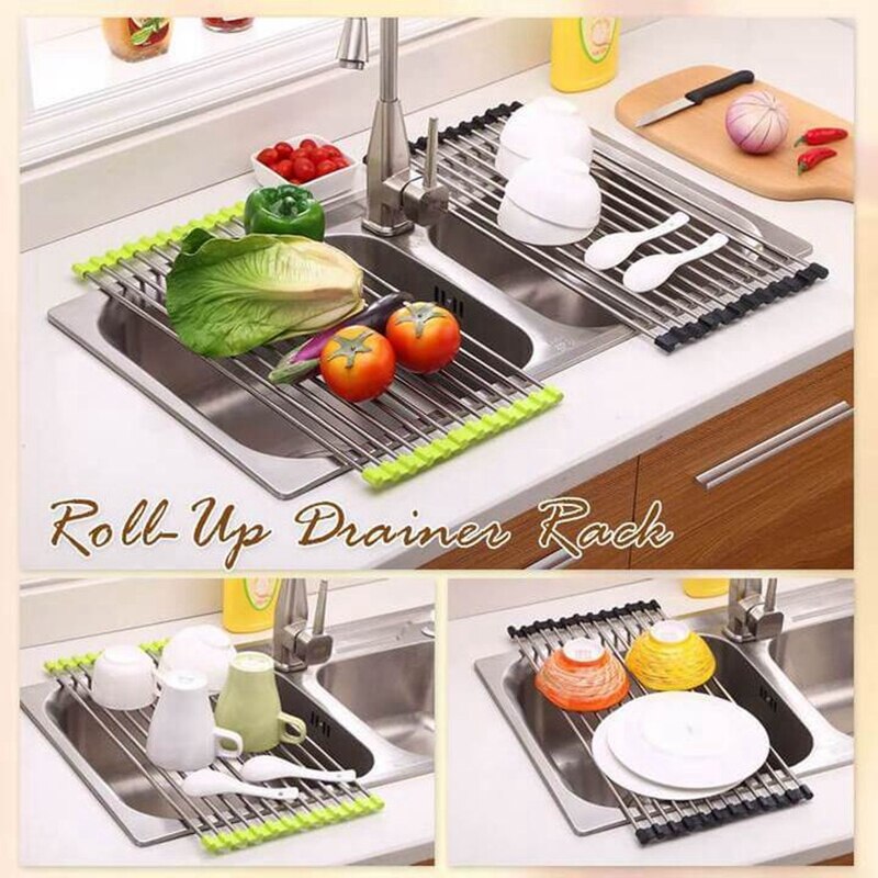 Kitchen Sink Rack Dish Drying Rack Foldable Roll-up Sink Draining Rack Stainless Steel Household Magic Rolling Sink Stand Black