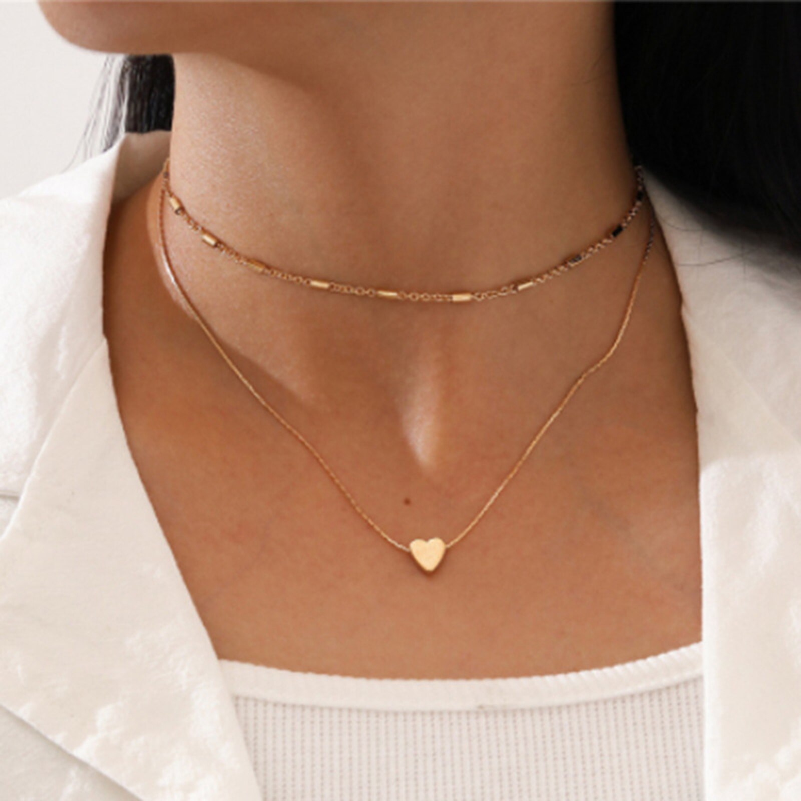 Punk Stijl Rvs Ketting Goud Kleur Papier Clip Hart Multilayer Vrouwen Party Club Kettingen Choker Ketting Sieraden, 1Pc