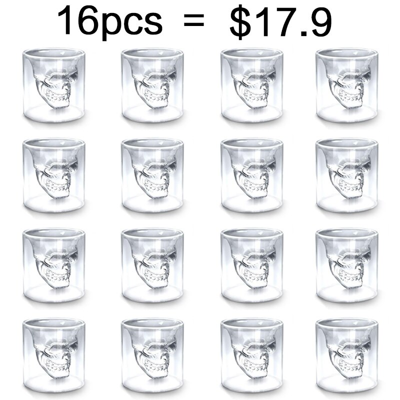 16pc Double Glass Beer Whiskey Vodka Wine Water Champagne Cocktail Wine Glass Coffee Milk Mug set 25ML Transparent Skull Cup
