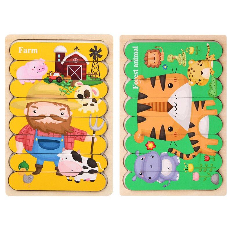 Kids Animal 3D Wooden Puzzle Montessori Toy Double-sided Strip Puzzle Telling Story Stacking Jigsaw Educational Toy For Children: WT256