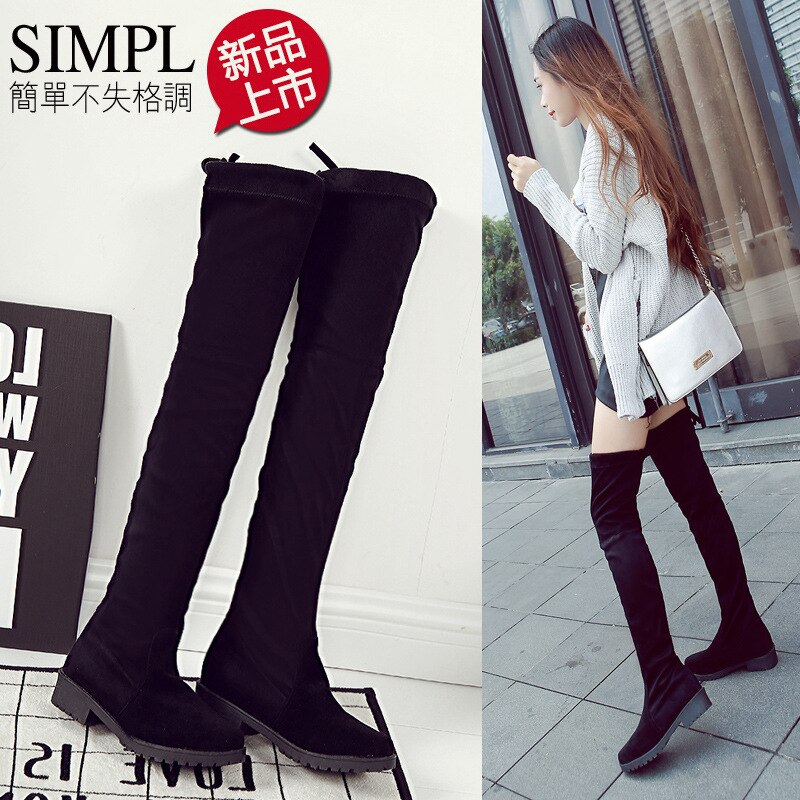 Dij Hoge Laarzen Vrouwelijke Winter Laarzen Vrouwen Over De Knie Laarzen Platte Stretch Sexy Mode Schoenen Zwart Botas Mujer