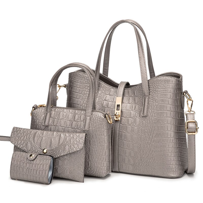 Crocodile women's bag messenger bag four piece mother bag: Silver