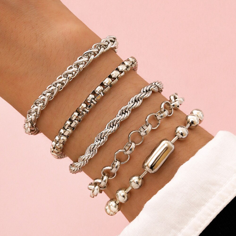 Diezi Multilayer Zilver Kleur Chain Armbanden En Armbanden Voor Vrouwen Mannen Chunky Armband Koppels Mannen Vintage Boho Sieraden 5 Stks/set: silver-001