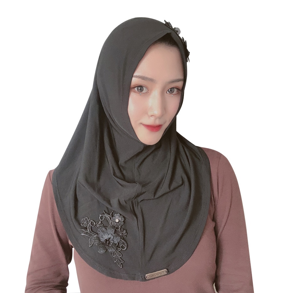 Muslim Headscarf Floral Lace Embroidery, Women's Summer Veil,spandex Elastic Instant Hijab Wrap: black black