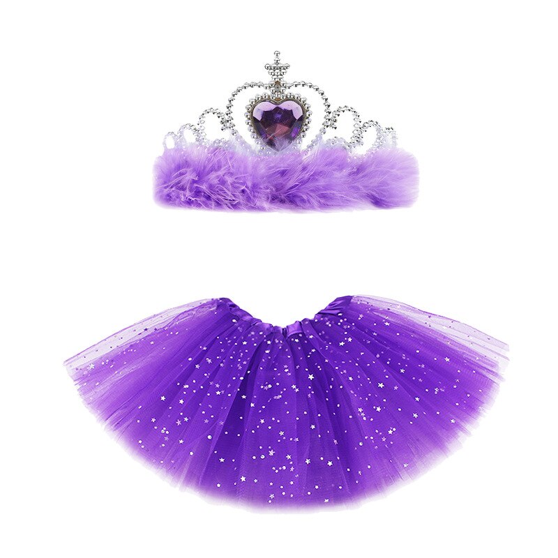 Baby nederdel pige prinsesse tyl nederdel ballet dance party mini med krone solid ball kjole stjerne print sommer 2 stykker pandebånd: Lilla