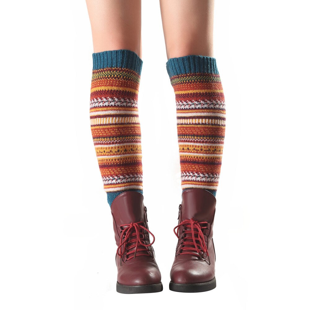 Women Striped Knitted Leg Warmers Winter Footless Knee High Boot Socks