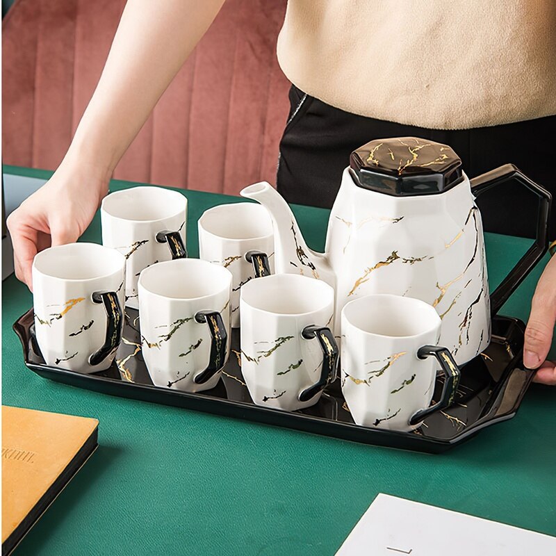 European Style Simple Black and White Marble Gold Ceramic Coffee Tea Set Hotel Household with Tray Teapot Cup Set Water Set
