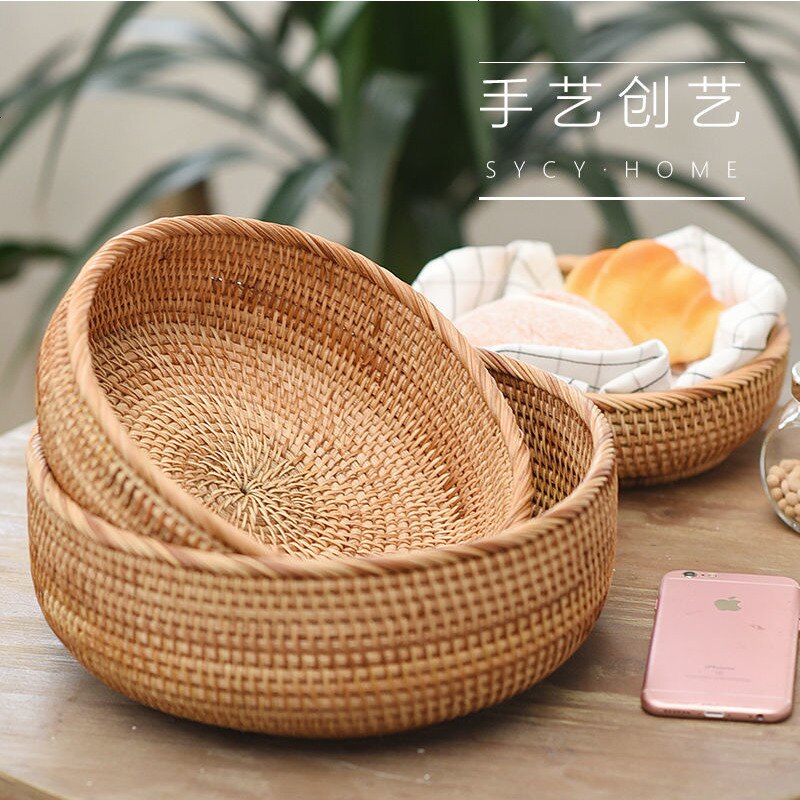 Cesta de mimbre para almacenamiento de frutas, pan, verduras, cestas de ratán Natural, cuencos redondos para llaves, mesa de cocina apilable, encimera de despensa