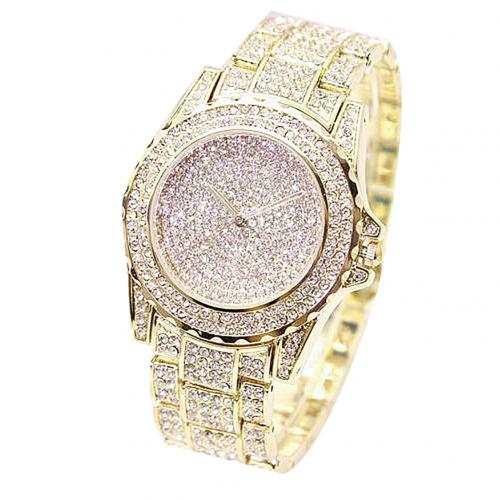 Top mærke kvinder armbånd ure damer elsker læderrem rhinestone quartz armbåndsur luksus quartz ur: Gylden
