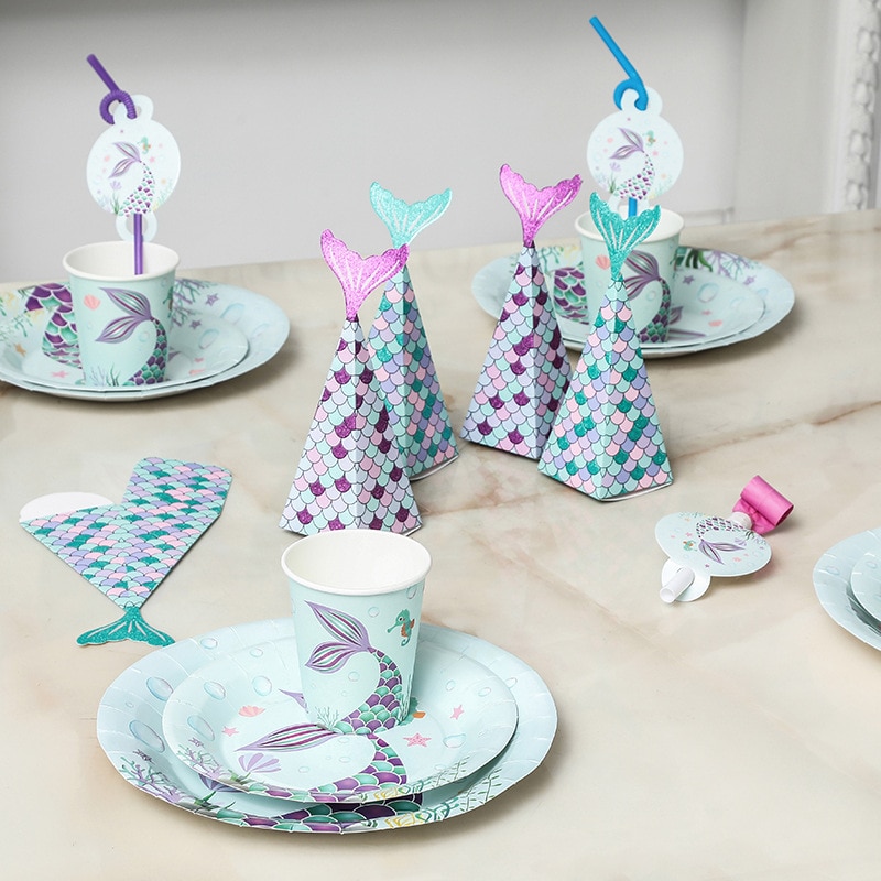 Mermaid Birthday Party Decoration Shell Plate Napkin Disposable Tableware Happy Birthday Party Decoration For Kids