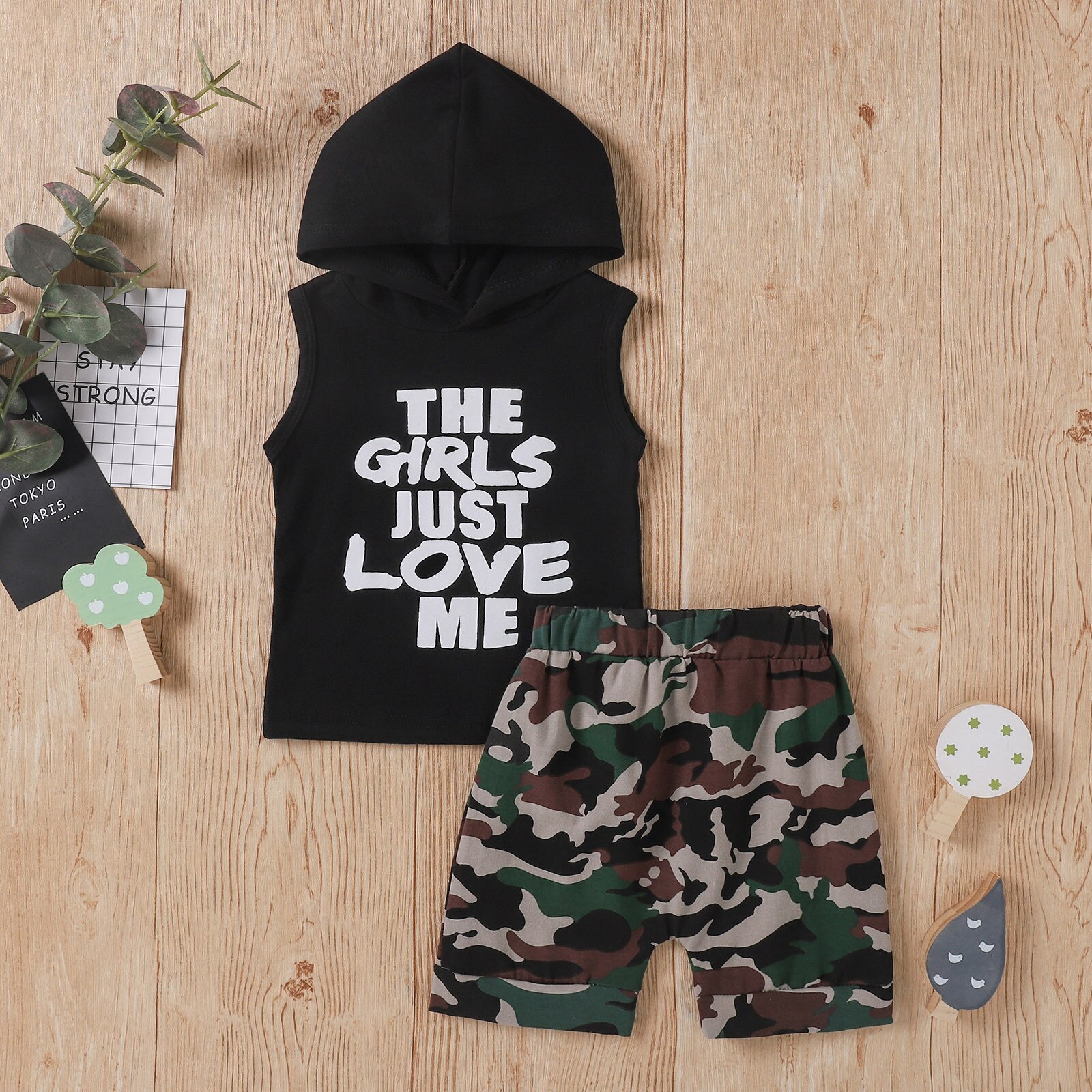 40# Toddler Baby Kids Boys Clothes Short Sleeve Letter Positioning Print Hooded Top + Camouflage Pants Baby Boy Clothes Set