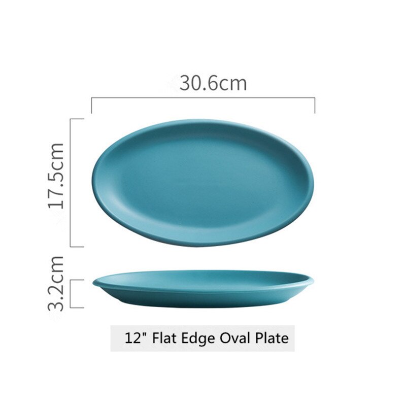 Nordic 12 inch flat side oval ceramic plate hotel home salad steak pasta kitchen kitchen utensils: Blue