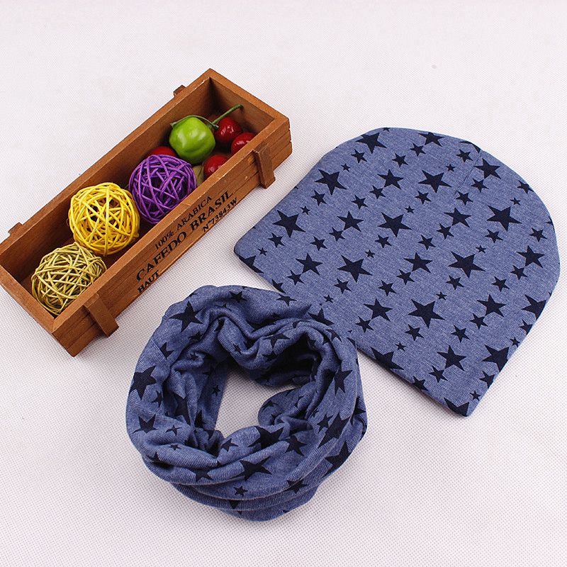 Kindermuts baby gehaakte muts baby winter muts sterrenprint halssjaal kraag warmer muts set baby capuchon katoenen warme muts sjaal: C blauw