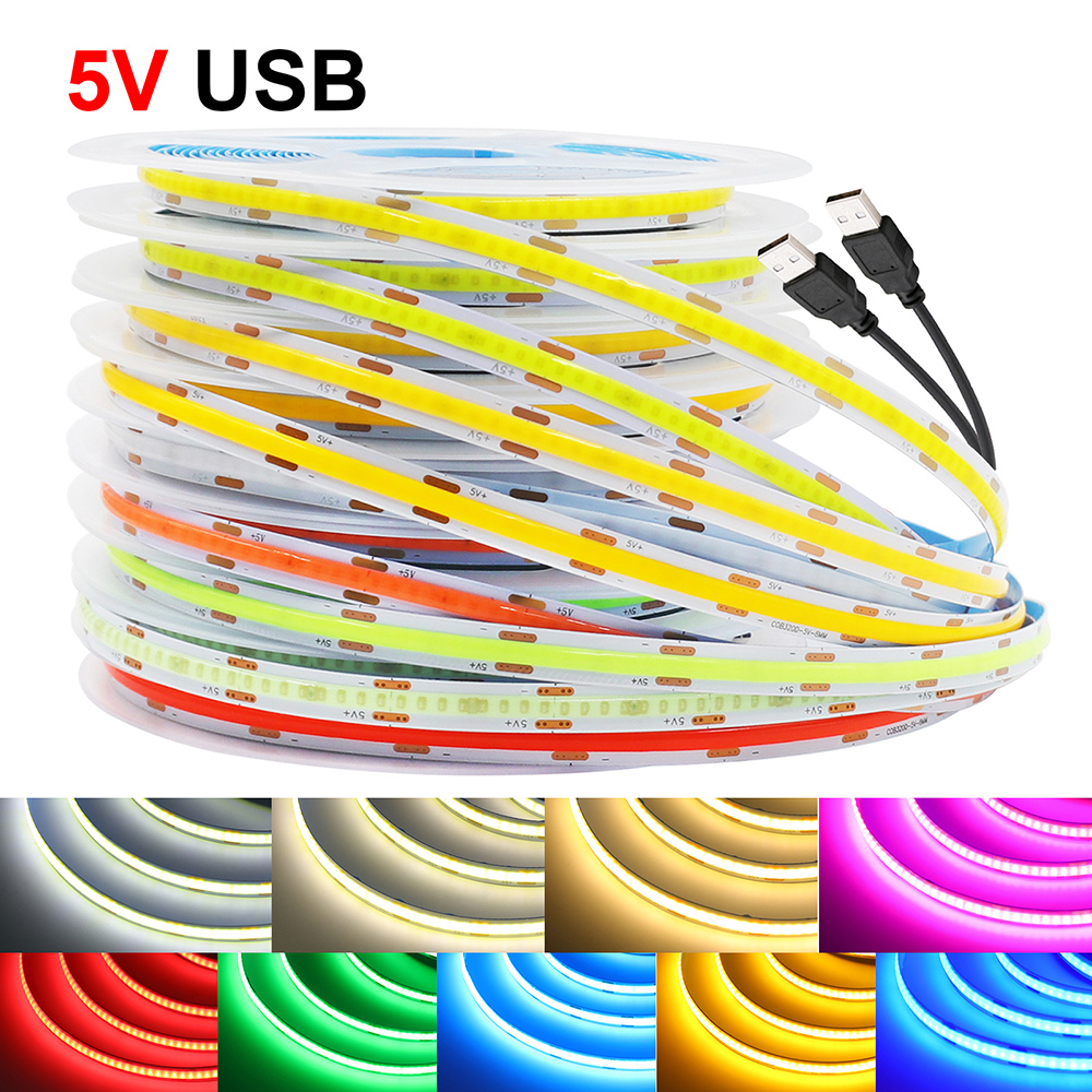5v usb cob led -nauhaa, 320 lediä, joustava teippi, 8mm piirilevyä, valkoinen/punainen/vihreä/vaaleanpunainen/jäänsininen/keltainen nauha, yölamppu, television taustavalot
