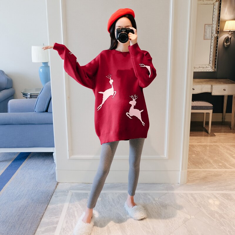 6001#  julehjortstrikkede gravidgensere høst vinter koreansk pullover klær for gravide løs graviditet