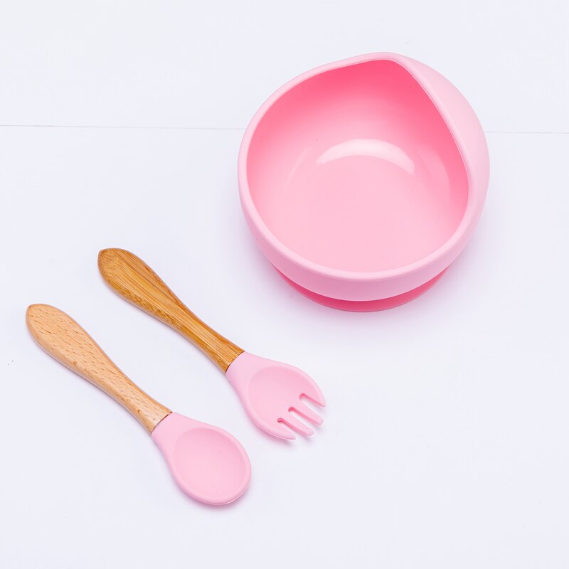 Baby Silicone Bowl Fork Spoon Straw Cup Set Silicone Bowl &amp; Spoon Learning Dishes Tableware Suction Bowl BPA Free Baby Product: 3PCS pink