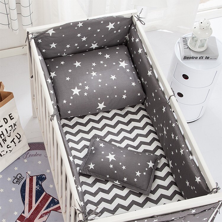 Grey Stars Cotton Soft Baby Crib Bumpers Bedding Sets Bed Bumper Include Pillowcase/ Bumper/ Sheet/Duvet Cover Baby Products: 4 pcs