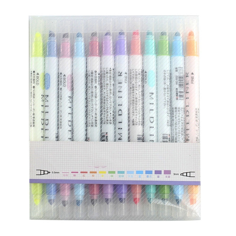 12 Stuks Set Japanse Briefpapier Zebra Milde Liner Double Headed Aquarel Fluorescerende Pen Pastel Marker Borstel Pen Markeerstift