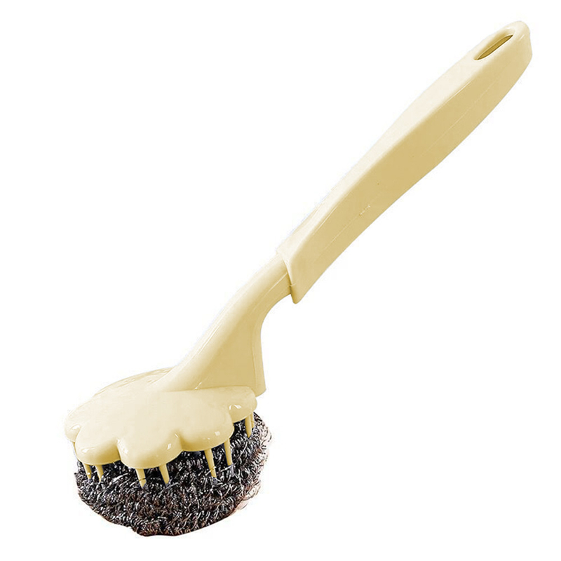 Long Handle Kitchen cleaning and lengthening handle brush pan handle stainless steel wire ball Kitchen cleaning utensils: Beige