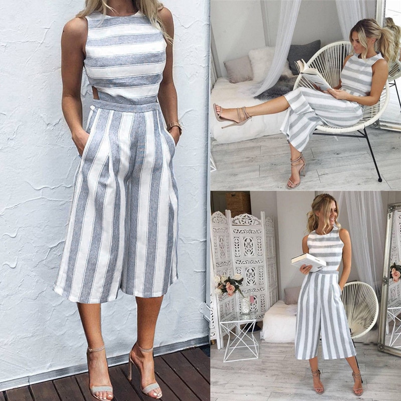 Summer Casual Women Jumpsuits Striped Slim Sleeveless O-Neck Backless Wide Leg Pants Jumpsuits