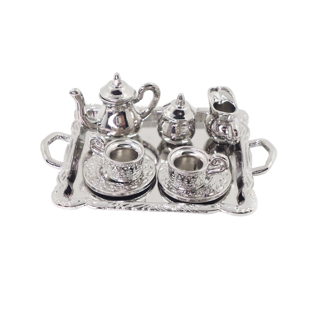 10 Pcs 1/12 Dollhouse Miniatuur Zilveren Metalen Thee Koffie Lade Servies Set