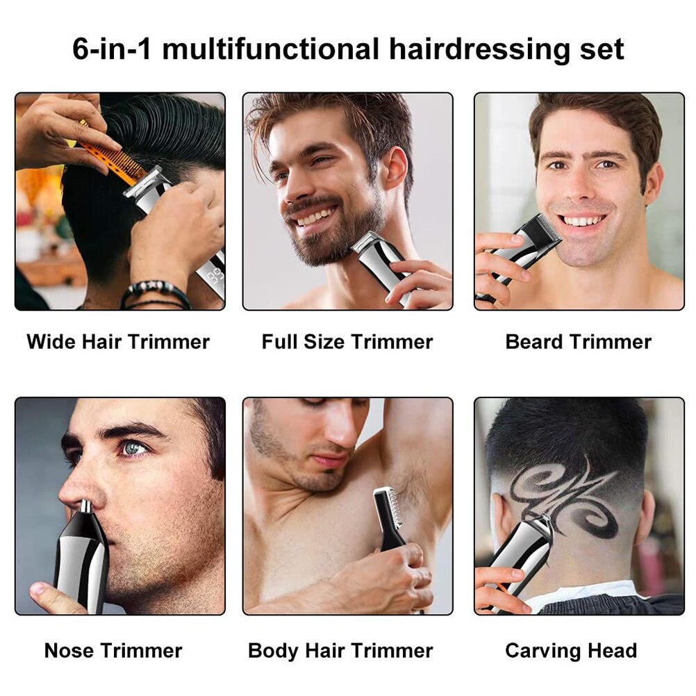 6 In 1 Baard Trimmer Waterdichte Usb Opladen Men's Tondeuse Body Baard Nose Hair Haar Snoerloze Elektrische Tondeuse clipper