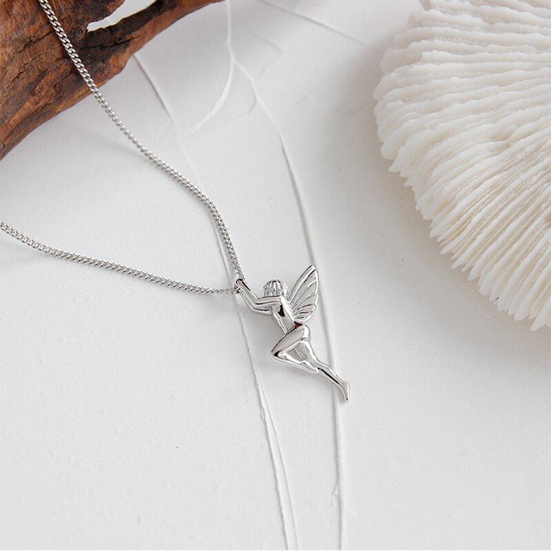 Luxury Angel Fairy Long Chain 925 Sterling Silver Pendant Necklace For Women Girls Simple Cute Jewelry Accesorios