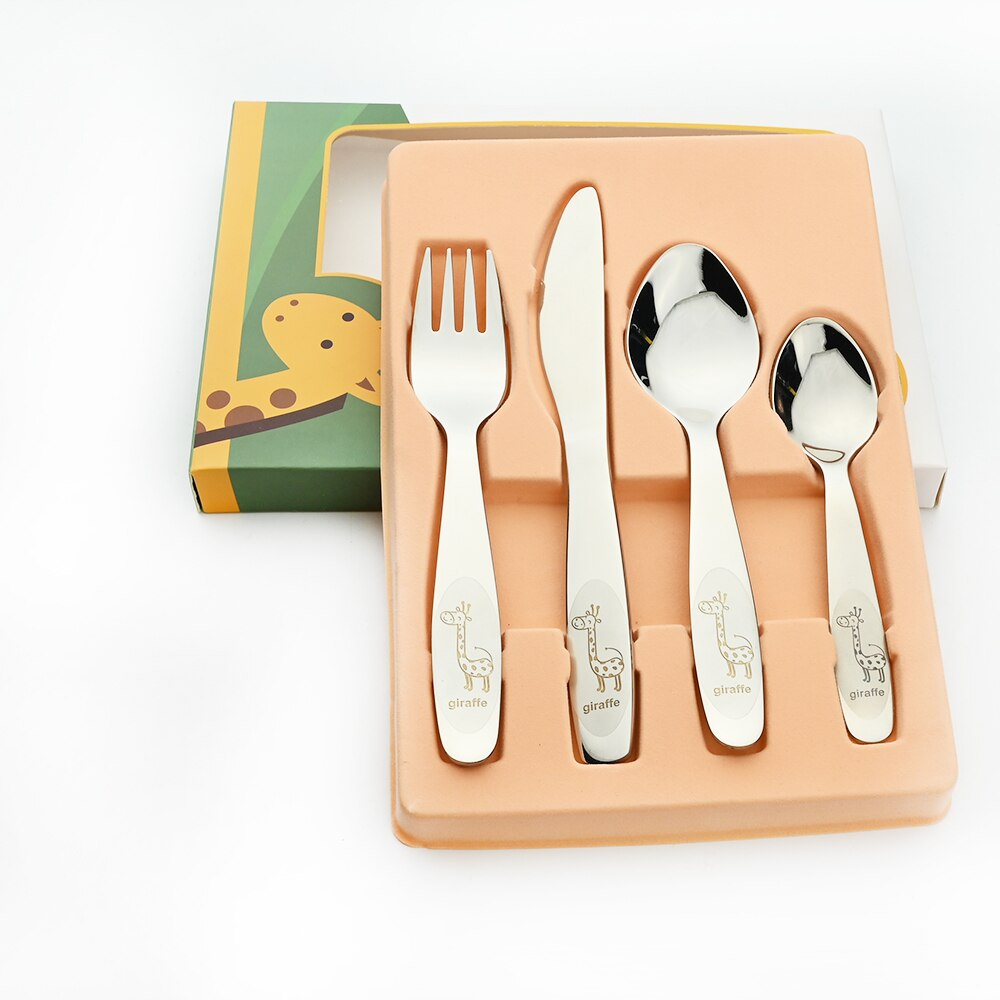 Cartoon Dinnerware 18/10 Stainless Steel Set Baby Dishes Dinner Spoons Fork Knife Baby Kids Learning Eating Children Tableware: silver box