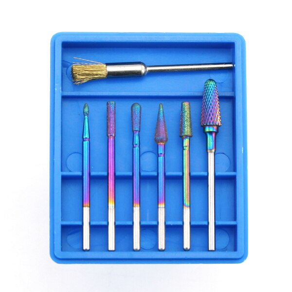 7 stk/sæt diamant hårdmetal fræser regnbue neglebor børste til manicure elektriske maskine bits burr nail art værktøjer: 9