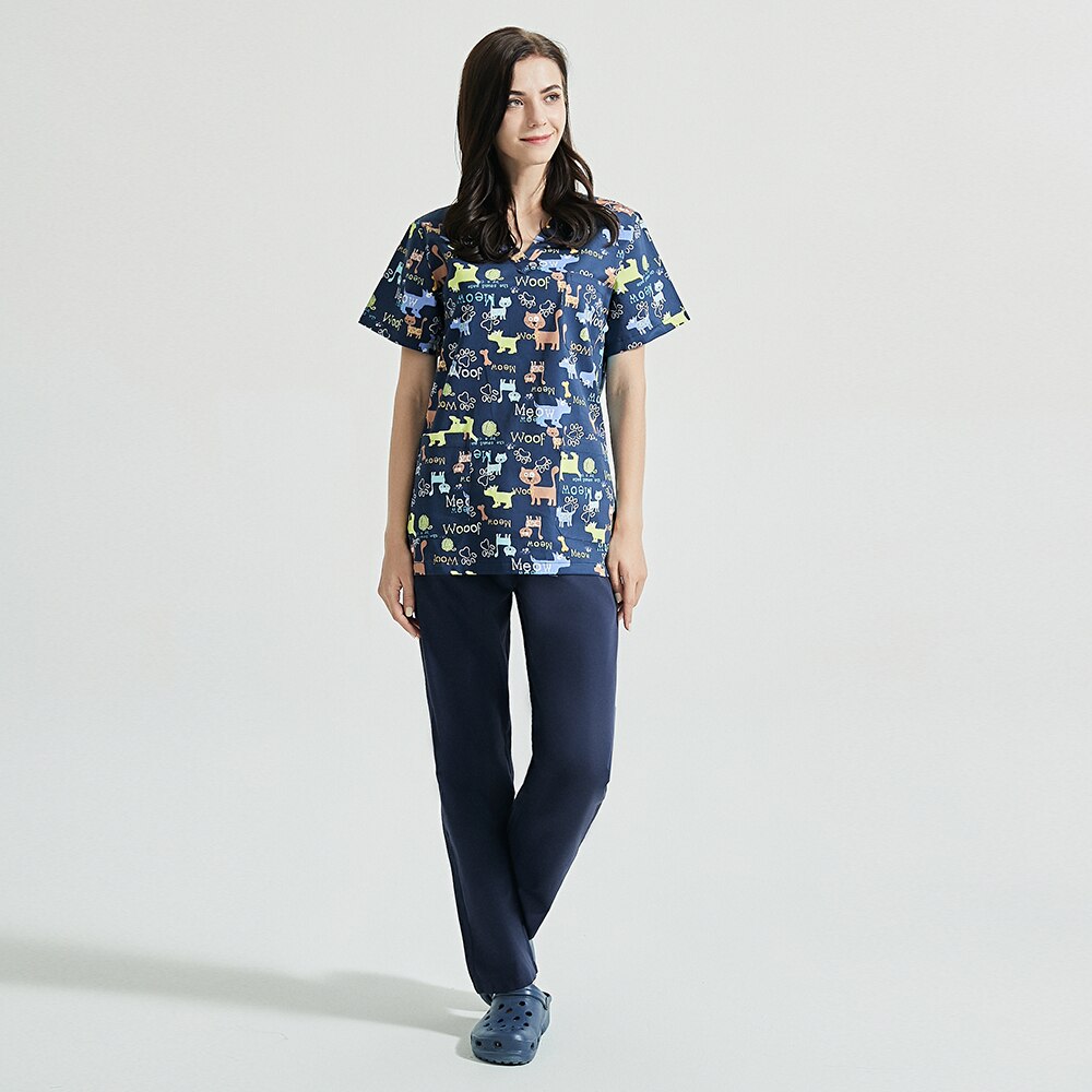 Health service desigh women suits V-neck Beautician workwear dog print scrub tops Short Sleeved pet store work clothing