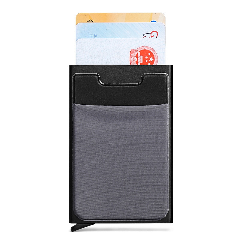 Slim Men Aluminum Wallet With Back Pouch ID Card Holder RFID Protection Mini Metal Automatic Pop up Credit Card Case Coin Purse: Black with gray