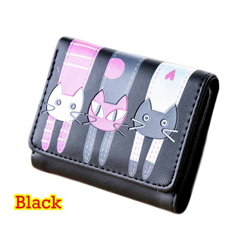 Walleta Women Ladies Girls Cats Pattern Coin Purse Short Wallets Card Holders Lovely Cat Print: Black