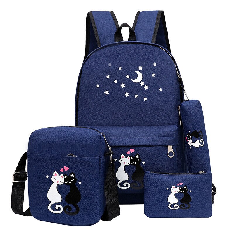 Mulheres Mochila Gato Lona Impressão Mochilas Escolares Para Adolescente Meninas Estilo Preppy 4 pçs/set Mochila Bonito Saco de Livro Mochila Feminina: deep blue