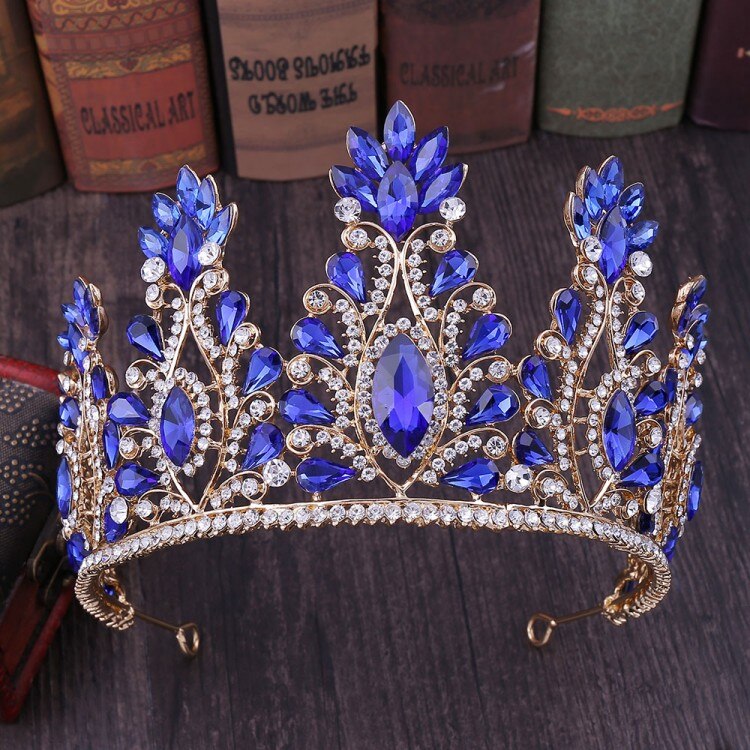 Barok luksus krystal stor brude tiaras krone rhinestone festtøj diadem pandebånd bryllup hår tilbehør tiara de noiva: Guldblå