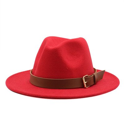 Fedora hoeden voor mannen, effen, formele kleding, kerk, bruiloft, brede rand, vilten hoed, winter, herfst, kaki, beige, riem, gesp, jazzpet voor mannen: Rood
