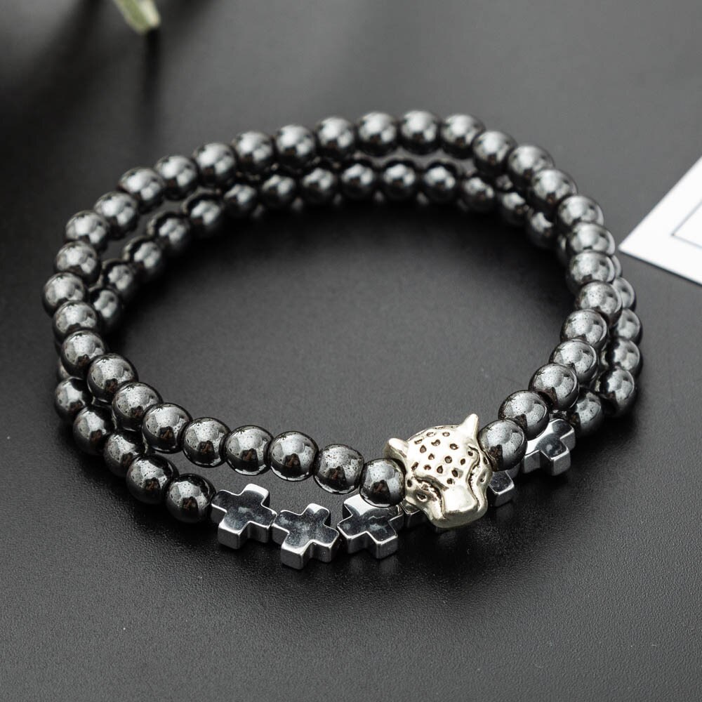 Breloque tête de léopard perlée, Bracelet boule CZ, pistolet hématite, perle en cuivre noir réglable, Bracelet énergie pour hommes et femmes: Default Title