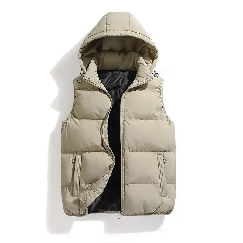 Heren Puffer Jack Mouwloze Katoenen Gewatteerde Jassen Houden Warme Capuchon Jas Dikker Herfst Winter Heren Jassen Afneembare Capuchon: XXL / Khaki