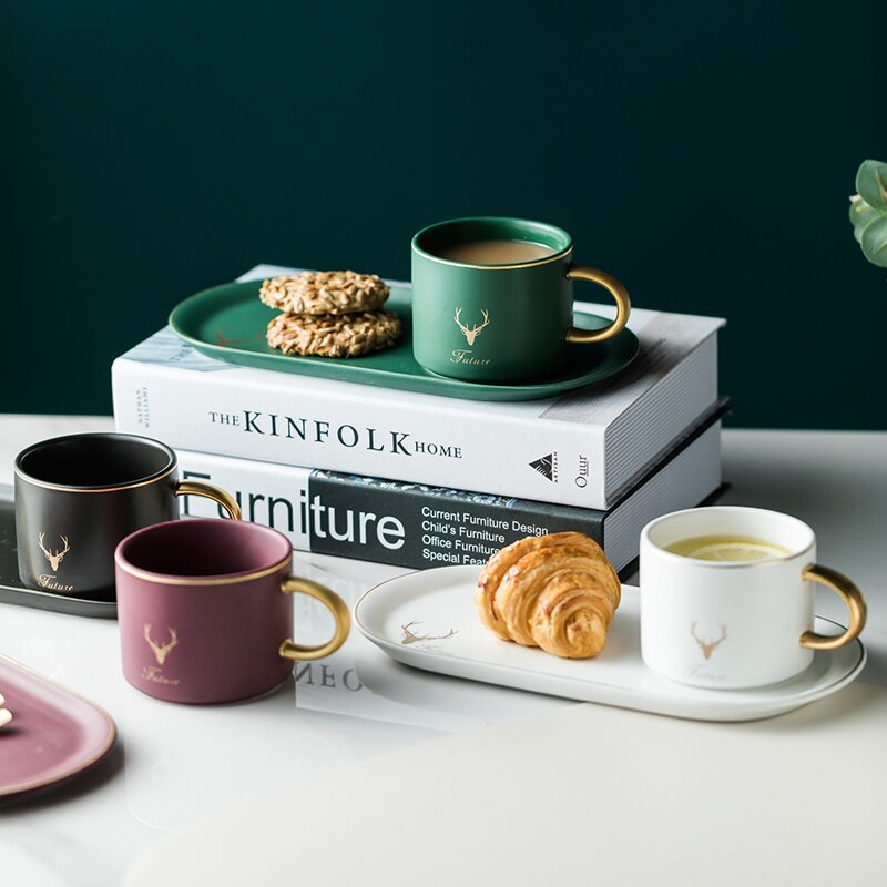European Luxurious Gold Rim Ceramics Coffee Cups And Saucers Spoon Sets With Box Tea Soy Milk Breakfast Mugs Dessert Plate
