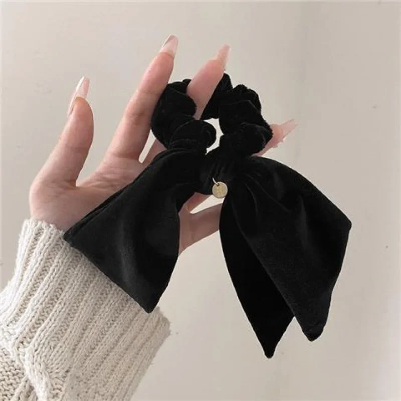 Vintage terciopelo arco Scrunchie nudo de conejo cinta de cuerda para el cabello elástico Cola de Caballo titular lazo para el cabello accesorios sólidos para el cabello invierno: Gris