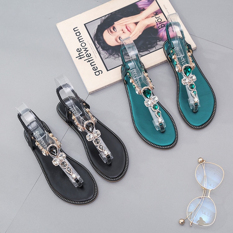 summer woman flat diamonds flat sandal green black color T strap woman crystal flat sandal beach flat rhinestone sandal woman