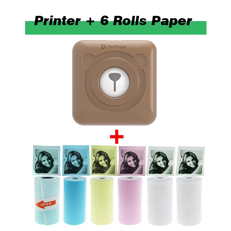 Peripage Portable Pocket Mini Photo Thermal Printer Wireless Sticker Printing Machine Free APP Support Multi-Language For Phone: Brown  6 rolls paper