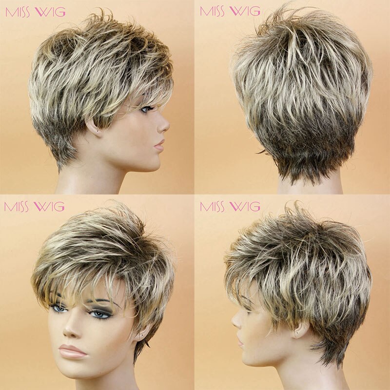 Miss paryk sort blandet blond lige paryk kort pixie haircut stil parykker til hvide kvinder syntetisk hår høj temperatur fiber