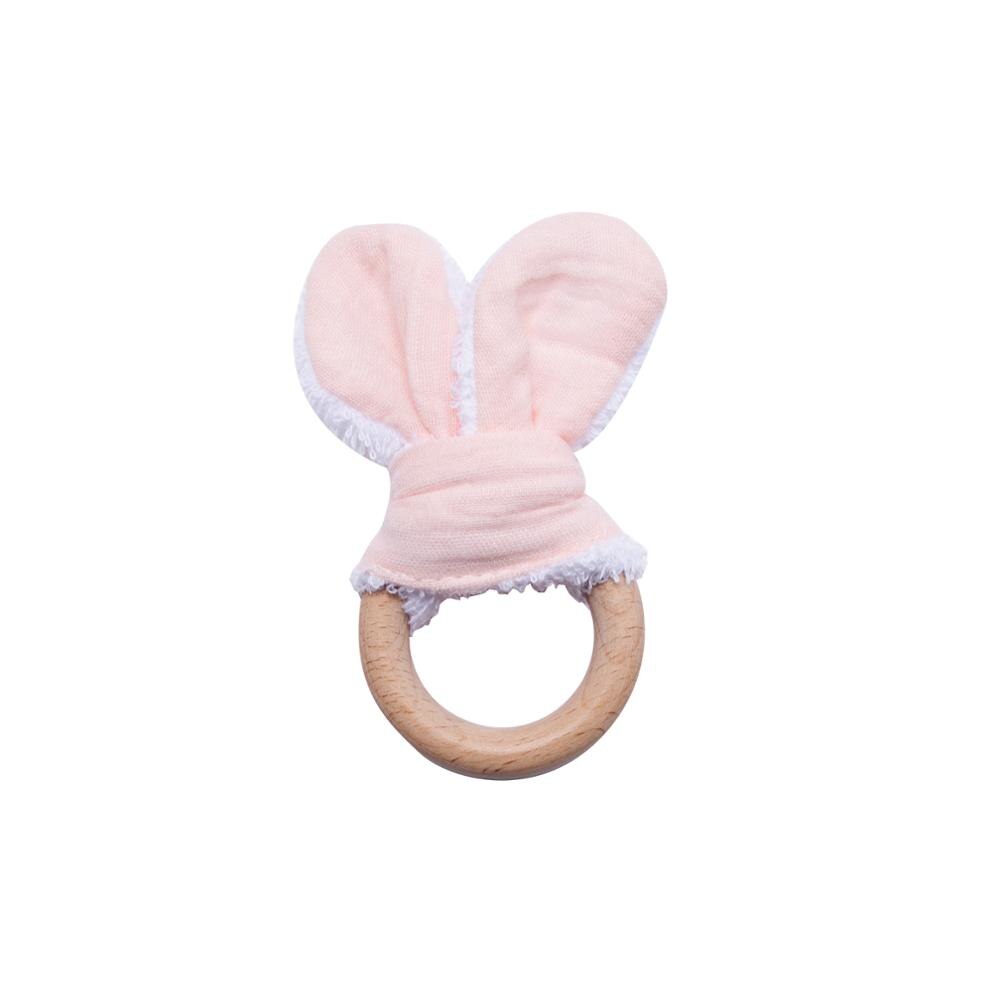2 teile/satz Baumwolle Hase Ohr Rasseln Spielzeug Baby Buche Holz Zahnen Diy Armbinde Kinderwagen Kette Hase Ohr Baby Rassel Spielzeug: Rosa