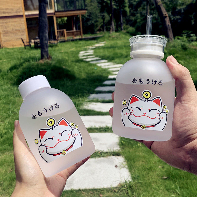 500ml chat chanceux bouteille en plastique sans BPA dessin animé Transparent/givré bouteilles d'eau étanche Drinkware mignon étudiant tasse