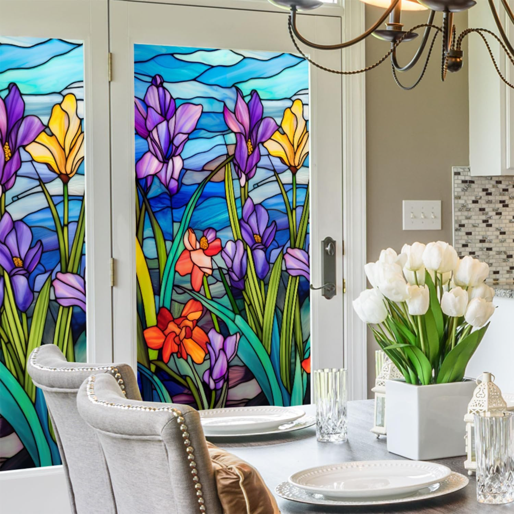 Película esmerilada para ventana de vidrieras, película para ventana floral adhesiva estática, calcomanías para ventana de vidrio de baño no adhesivas para ventanas, 17,7 "x